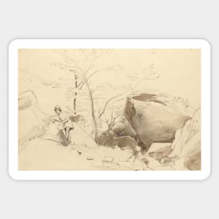 Fontainebleau, Figure Leaning Against a Rock by Jean-Baptiste-Camille Corot Sticker